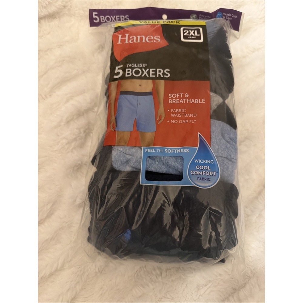 Hanes Mens Tagless Boxer Shorts 2XL Blue Solid Breathable 5 Pack MKCBX5